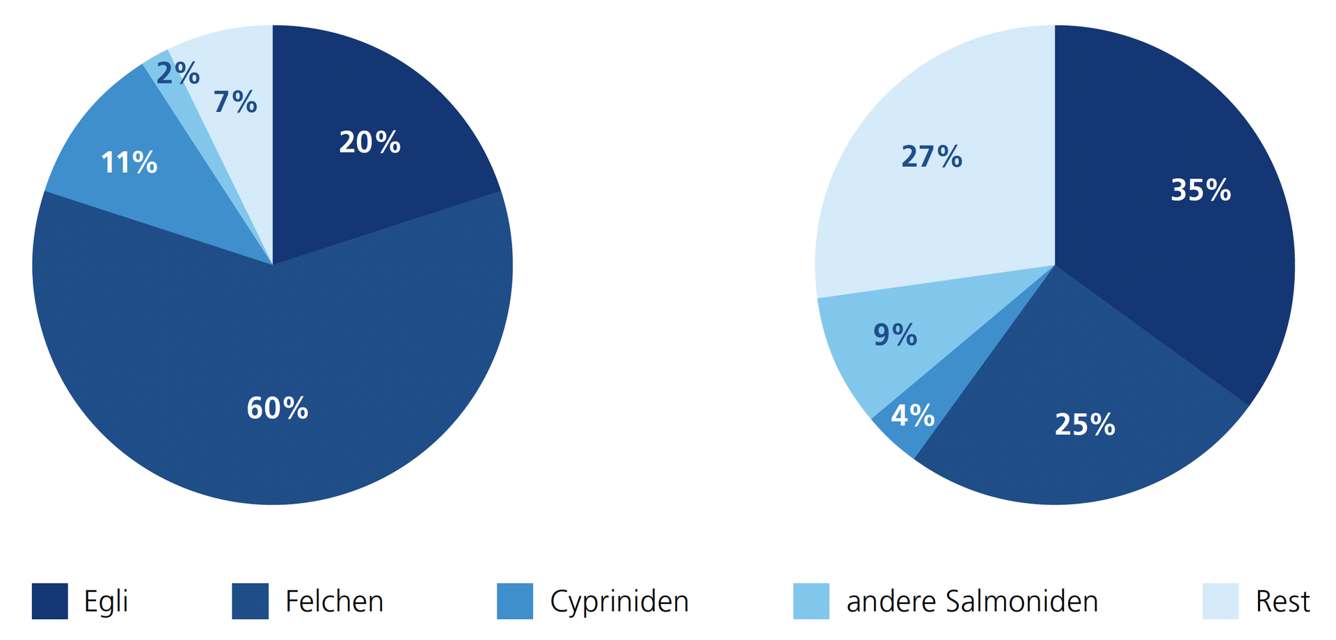 Zwei Tortendiagramme, die die Fänge von Netzfischern und Angelfischern zeigen
