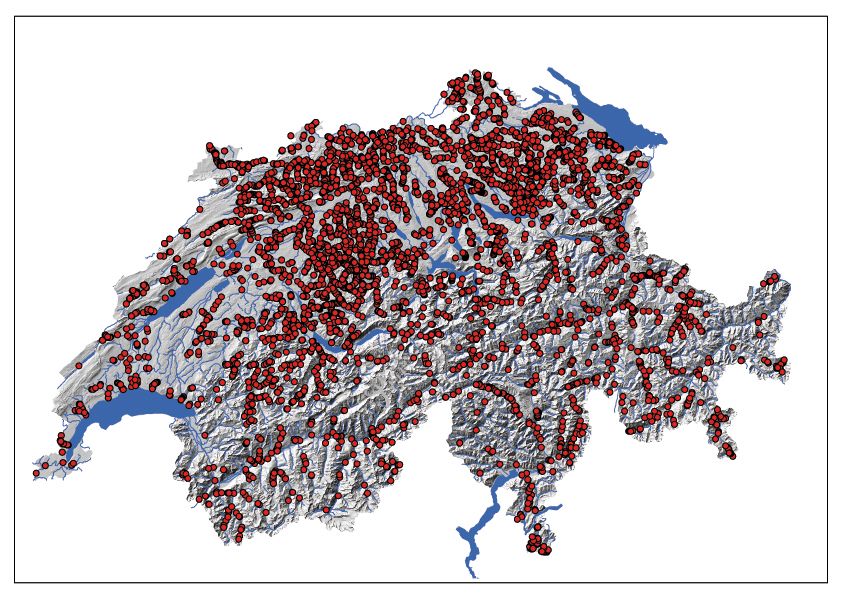 Karte der Schweiz mit vielen roten Punkten für Querbauwerke