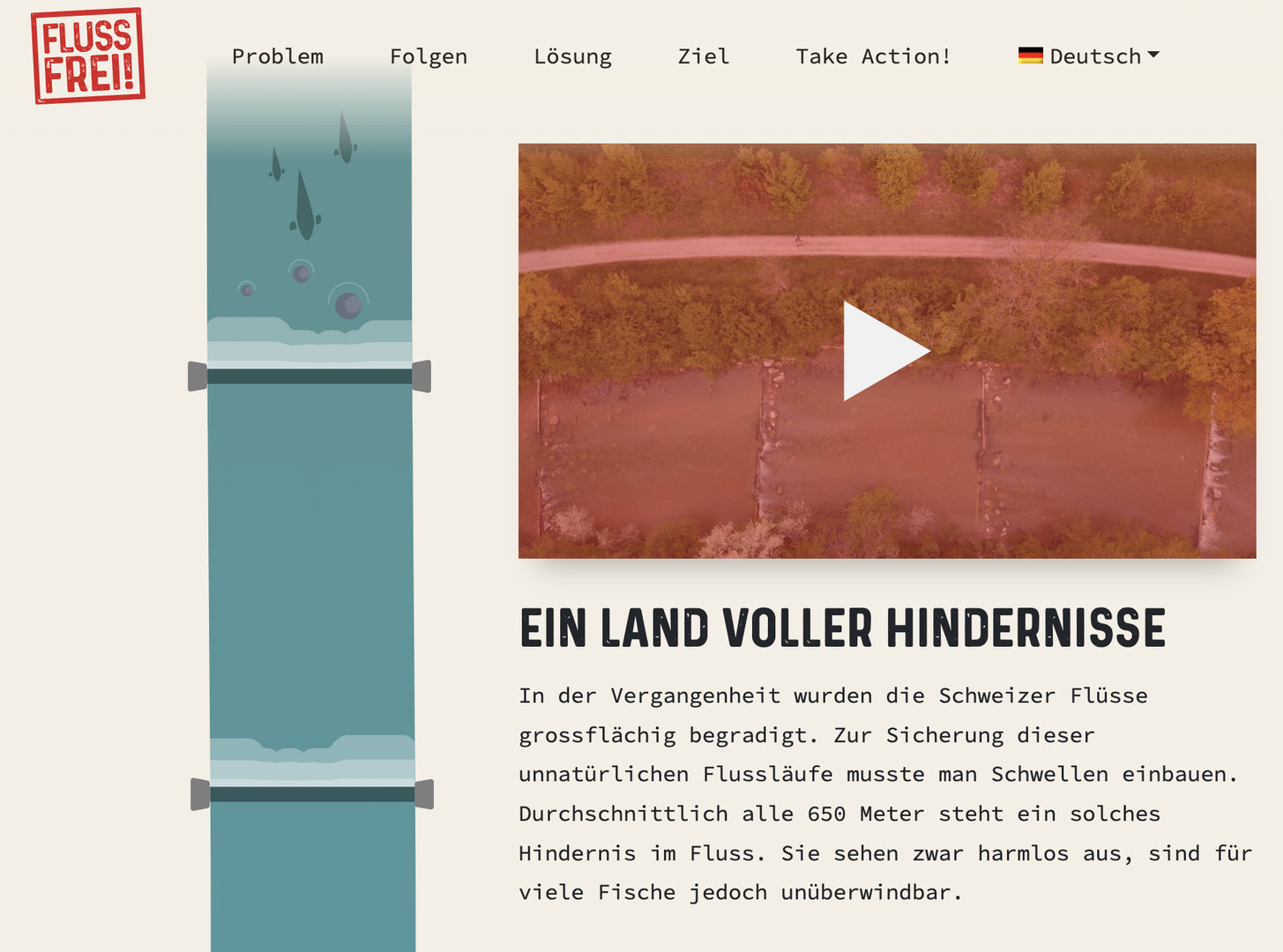 Screenshot der Fluss frei Website mit Text "Ein Land voller Hindernisse"
