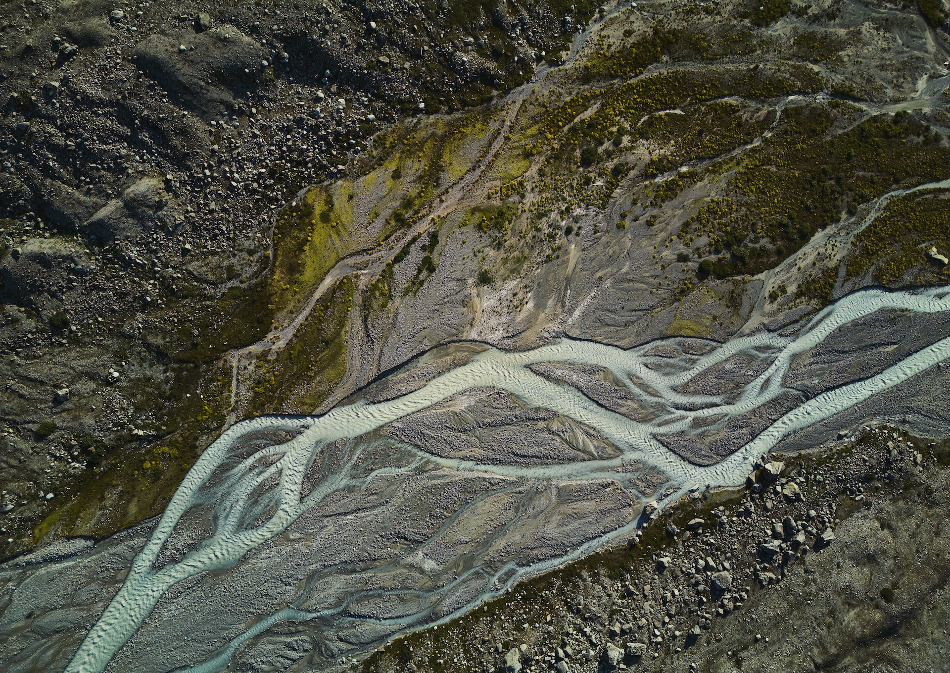 Luftaufnahme von verzweigtem alpinen Fluss