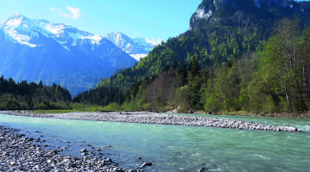 Ein Fluss mit Kiesbänken, im Hintergrund Berge mit Wald und schneebedeckten Gipfeln